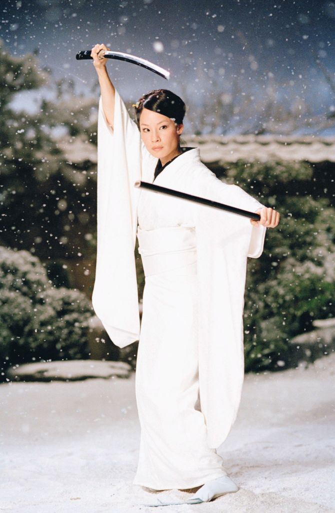 Lucy Liu en 2003 luciendo el kimono para la película Kill Bill de Quentin Tarantino 
