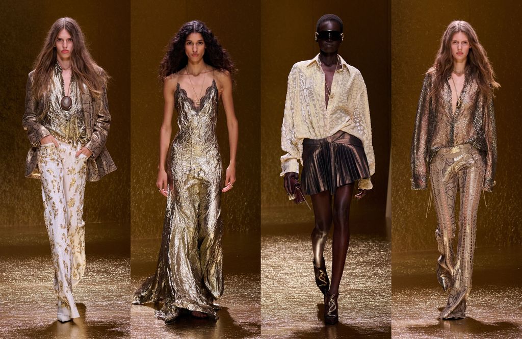 La colección SS-26 de Roberto Cavalli sorprendió por los tonos metálicos, que dominaron en la pasarela
