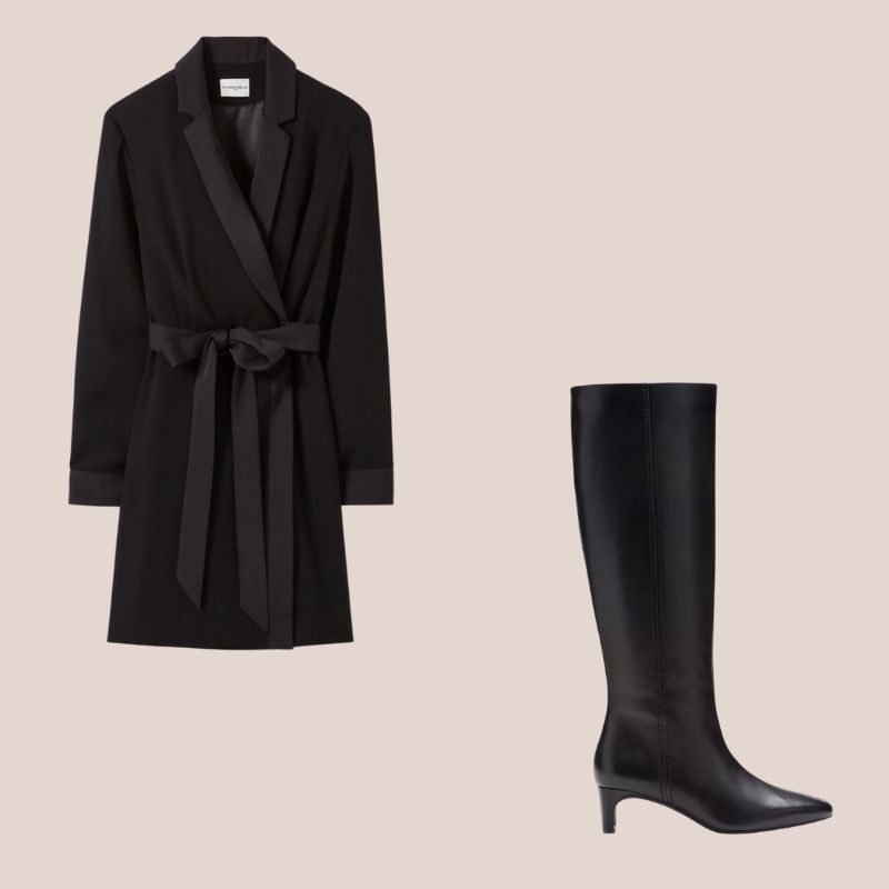 vestido blazer y botas de tacon fino