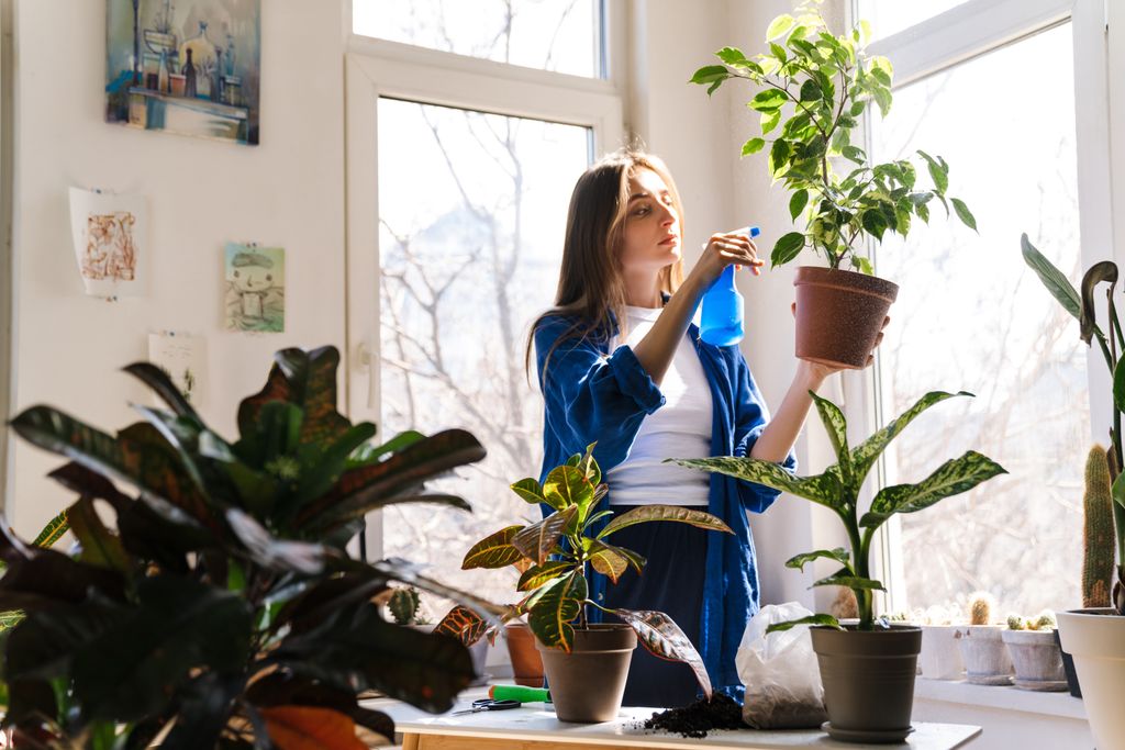 Mujer pulverizando una planta