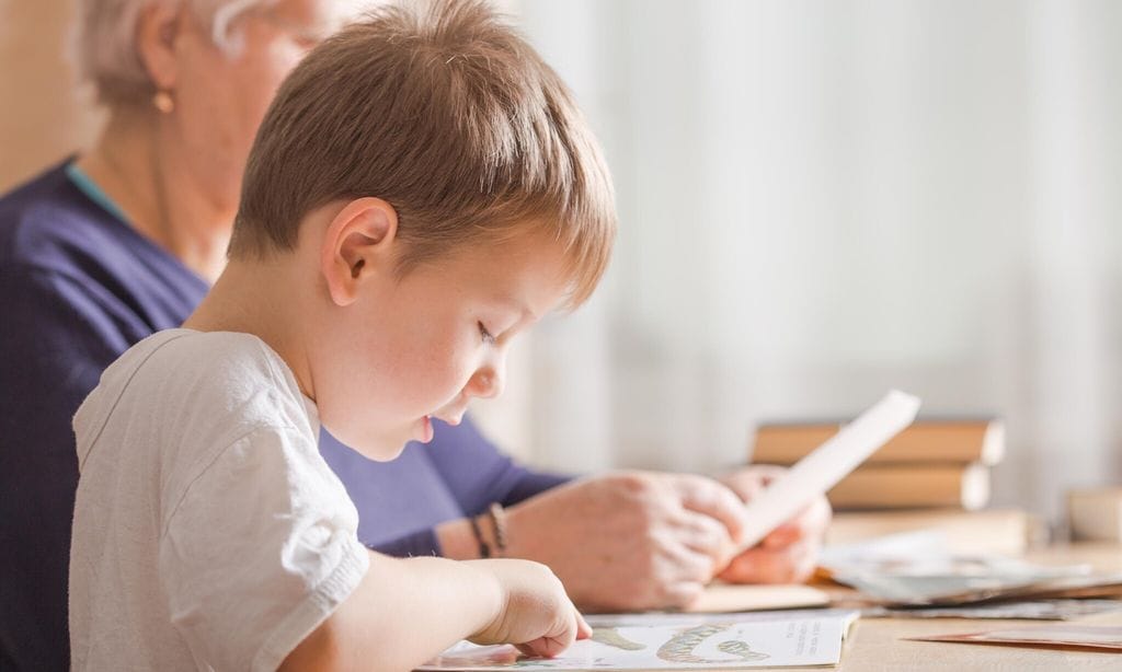 little boy 4 years old reading book. He is sitting on chair in sunny living room watching pictures in story. Kid doing homework for elementary school or kindergarten. Children study.