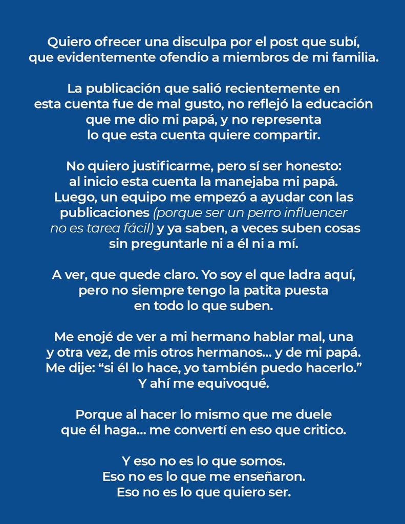 En la cuenta de 'Gordo' se compartió una disculpa pública, asegurando que su intención jamás fue la de ofender.