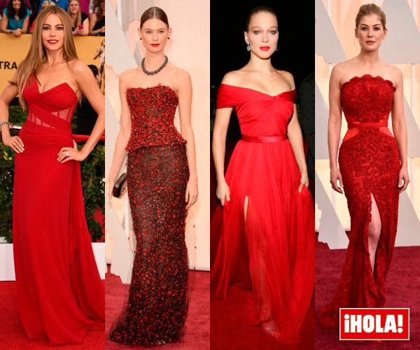 Ladies in red en la alfombra roja: nuestra novia del año, Sofia Vergara, de Donna Karan Atelier; Behati Prinsloo, en rojo vamp, de Armani Privé; Lea Seydoux con un vestido de hombros caídos de Miu Miu; y Rosamund Pike, impresionante con un vestidode la haute couture de Givenchy con rosas rojas bordadas.
