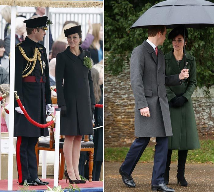 La Familia Real británica se dio cita en la tradicional misa de Navidad y una vez la duquesa volvió a llamar la atención con un impecable estilo, luciendo un abrigo de SportMax en color verde botella y un elegante tocado a juego (derecha). Y es que la Duquesa sabe elegir como nadie outfit para actos cargados de solemnidad, así lo demostró en el último servicio militar del Día de San Patricio (izquierda) donde supo estar a la altura del uniforme que lucía Guillermo de Inglaterra
