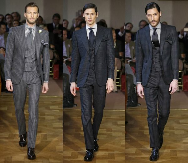 Tres piezas de sastrería en color gris, con rayas o cuadros, de la colección otoño-invierno 2015-2016 de Cifonelli presentada estos días en la fashion week masculina de París. 