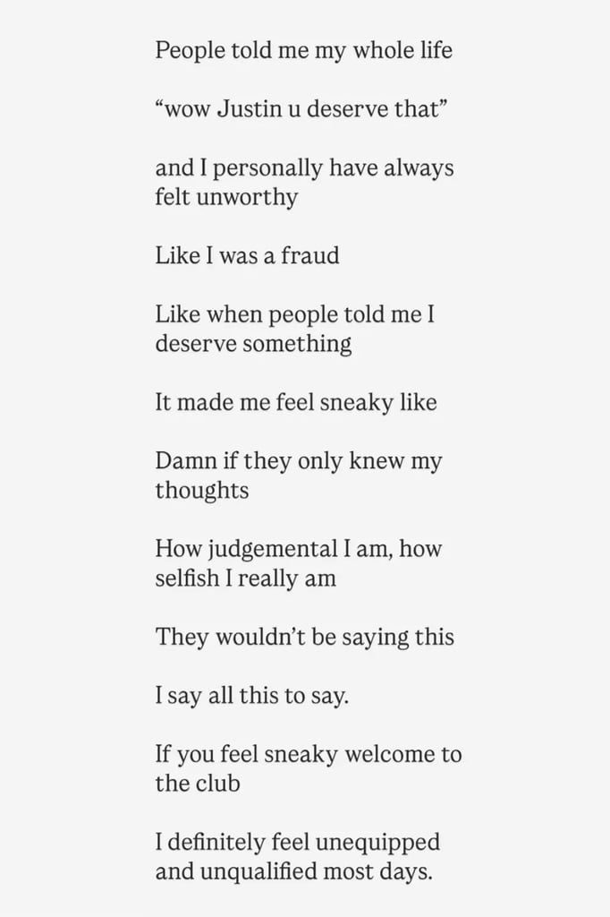Post de Justin Bieber hablando de su sindrome del impostor