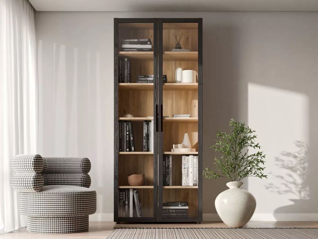 Vitrina de madera negra y trasera natural