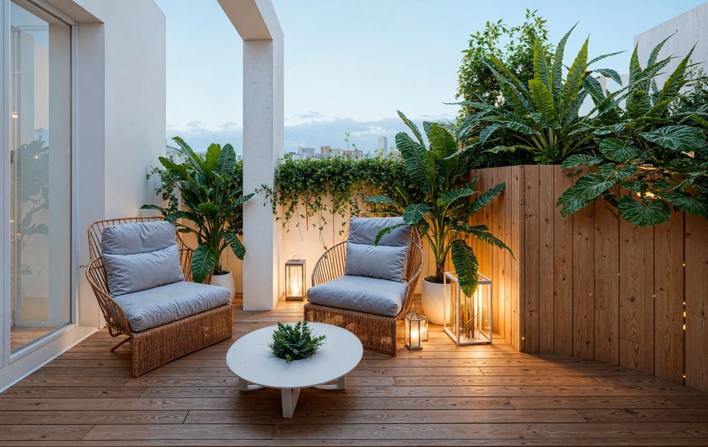 Salón de exterior en la terraza de un ático urbano