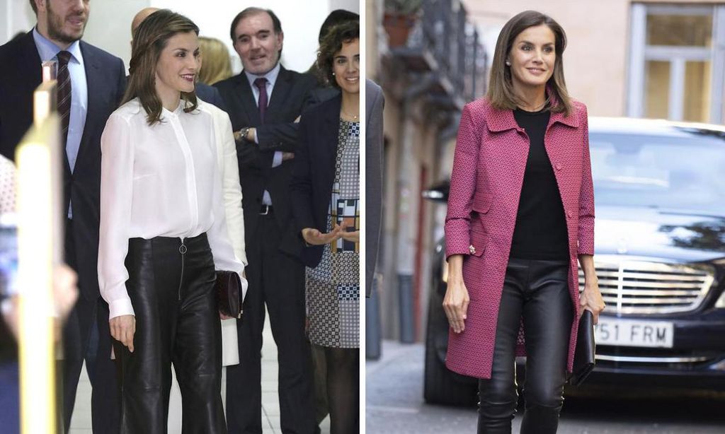 
Doña Letizia con los pantalones culotte de cuero que en tantas ocasiones le hemos visto y, al lado, con los leggings de efecto piel, que también forman parte de sus prendas favoritas.
