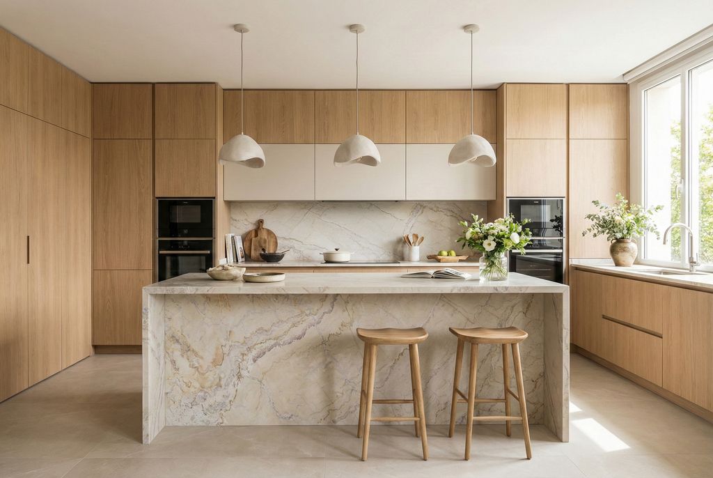 Cocina en madera con un gran protagonismo de la isla, toda ella en piedra natural