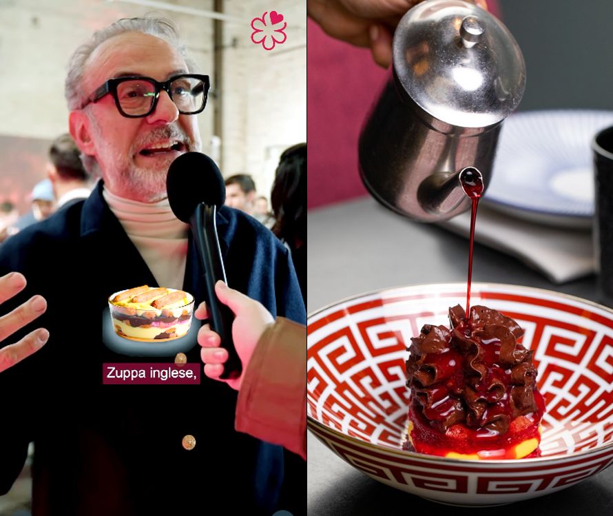 El chef Massimo Bottura, gran fan de este postre. A la derecha, su versión de la Zuppa Inglese, más actualizada.
