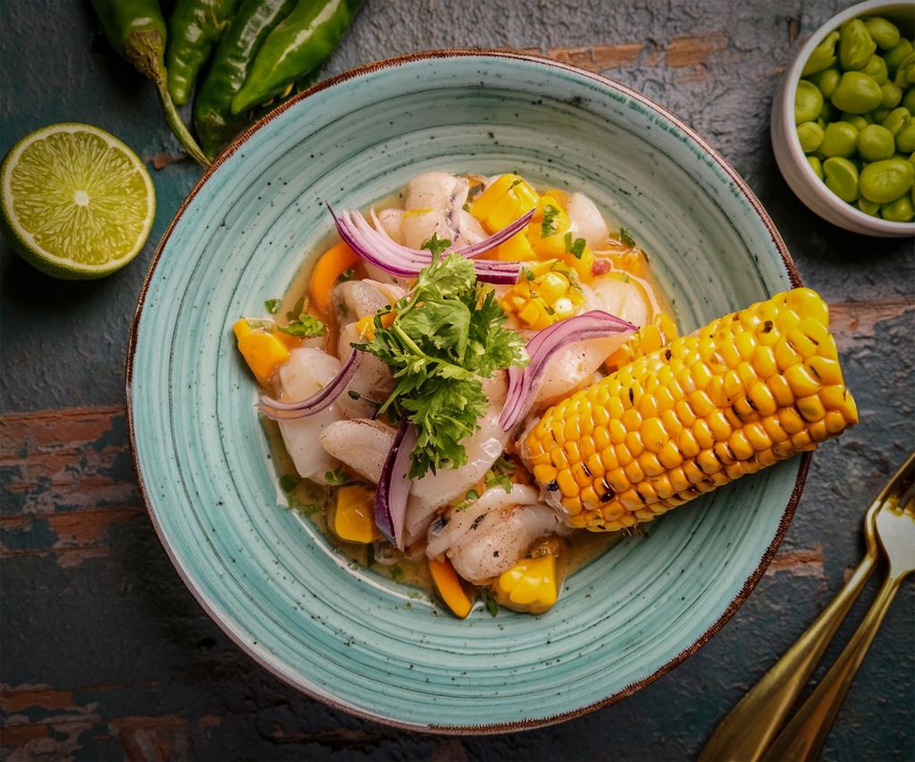 Ceviche de pescado con maíz, camote y cebolla morada