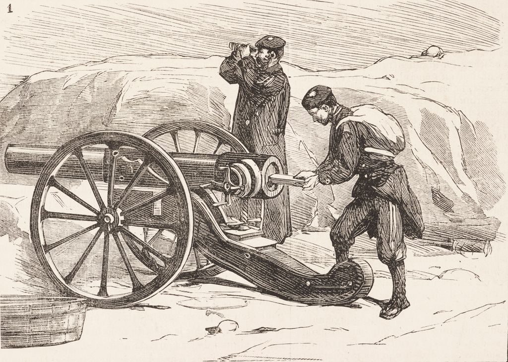 Un cañón Whitworth usado por los carlistas en Navarra durante las Guerras Carlistas, en una ilustración de 1875. El modelo ayuda a entender el origen histórico del cañón de 1873 que terminó apareciendo en El bueno, el feo y el malo.