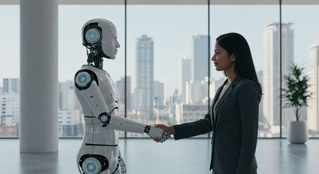 Robot humanoide estrechando la mano a una mujer