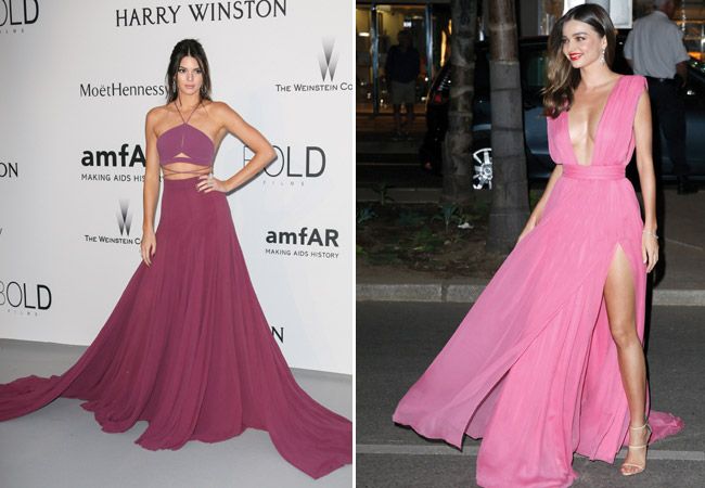 Miranda Kerr en dos atuendos: vestido morado en evento y vestido rosa en la calle.