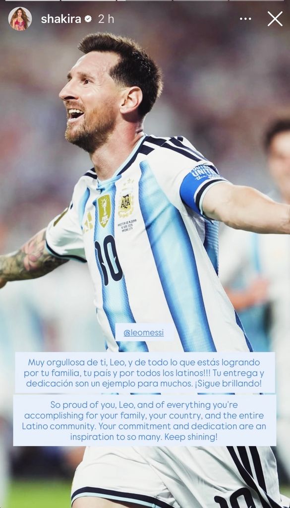 Shakira felicitó a Messi por sus dos goles en el partido con Austria.