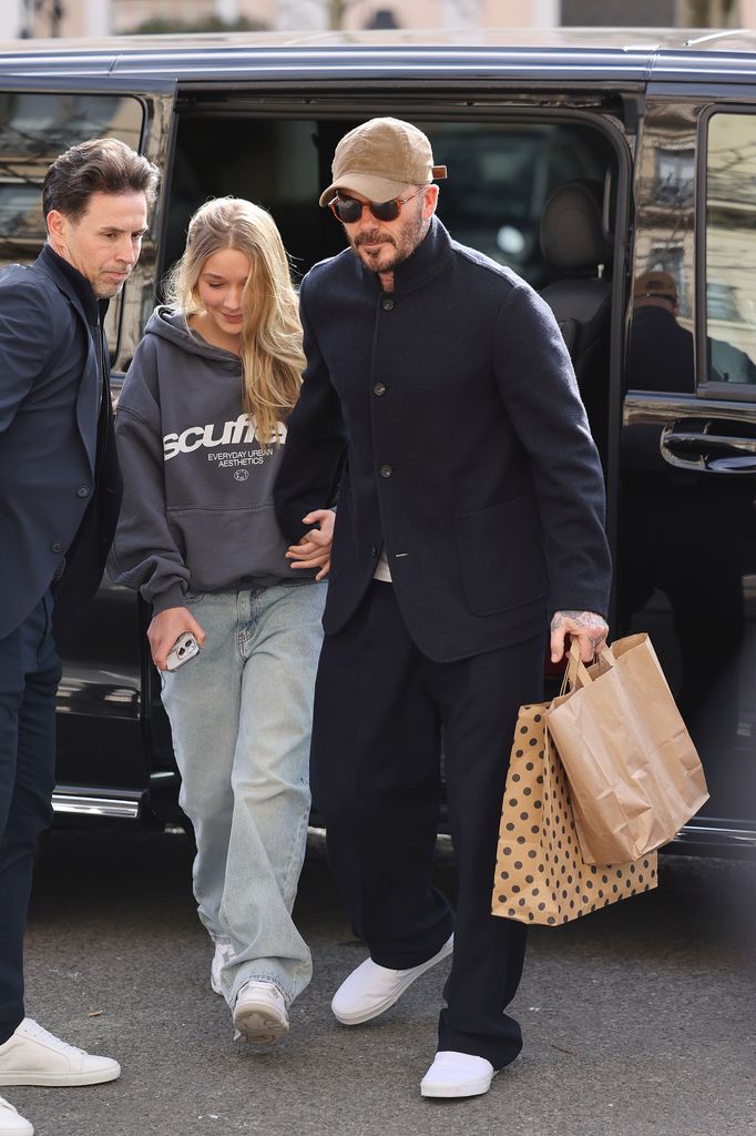Harper Beckham and David Backham seen during the Womenswear Fall/Winter 2025/2026 as part of Paris Fashion Week on March 07, 2025 in Paris, France.