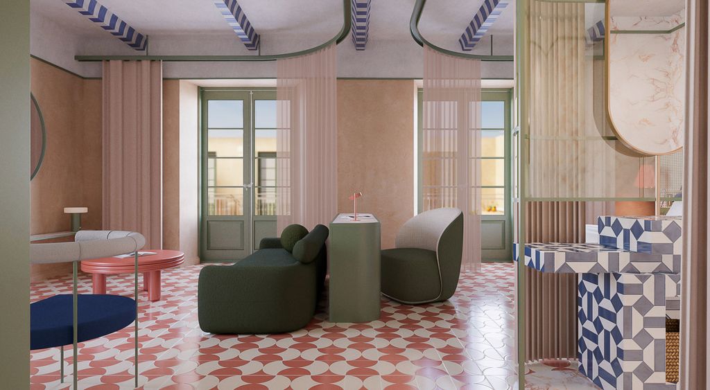 Salón con suelo cerámico con patrón geométrico
