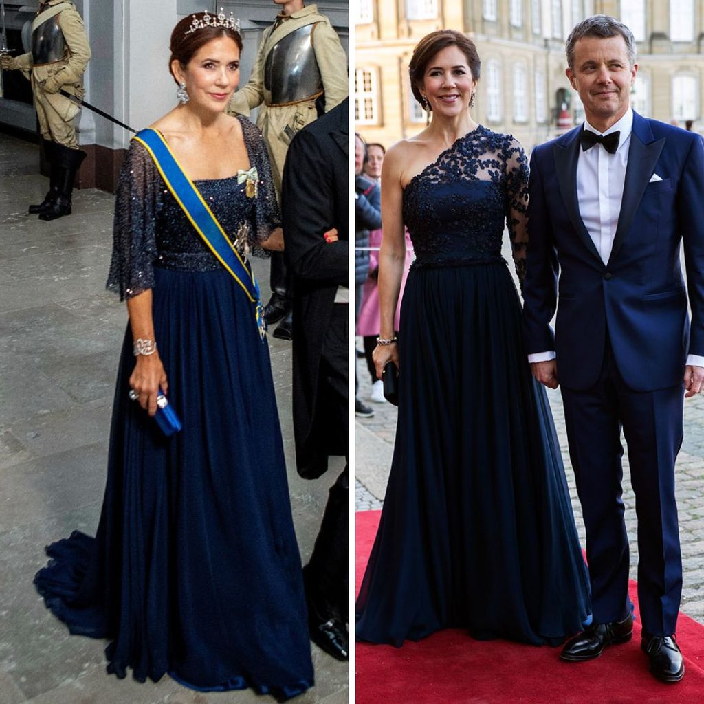 Mary de Dinamarca en 2023 (izquierda) y 2019 (derecha) con el mismo vestido: transformó la parte superior eliminando el encaje y añadiéndole mangas tipo capa