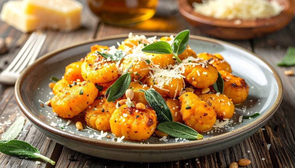 Una de las deliciosas recetas que puedes hacer con este tubérculo son los ñoquis de boniato, en este caso con piñones, mantequilla y salvia.