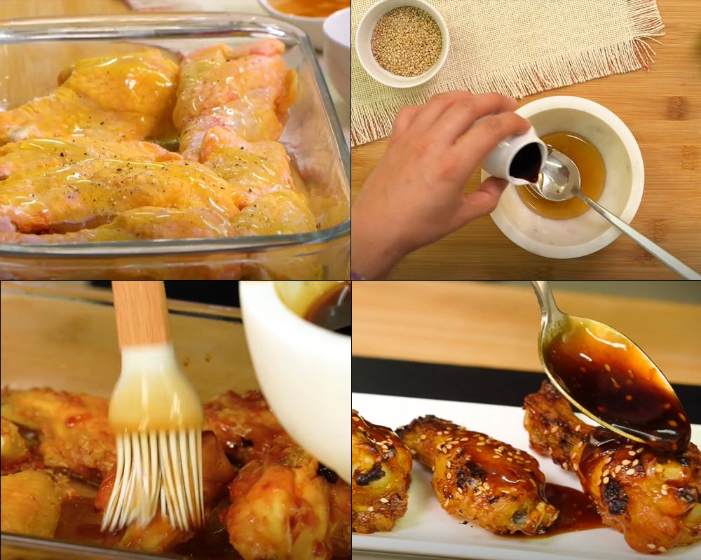 Con ayuda de una brocha de cocina, las alitas se 'pintan' con la salsa y se vuelven a meter en el horno unos minutos más.