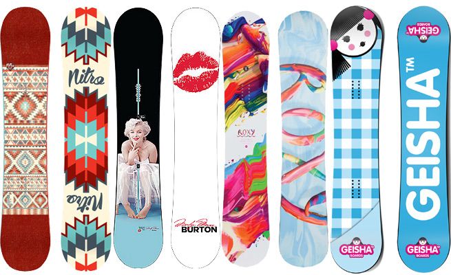 Siete tablas de snowboard con diseños variados, una presenta a Marilyn Monroe.
