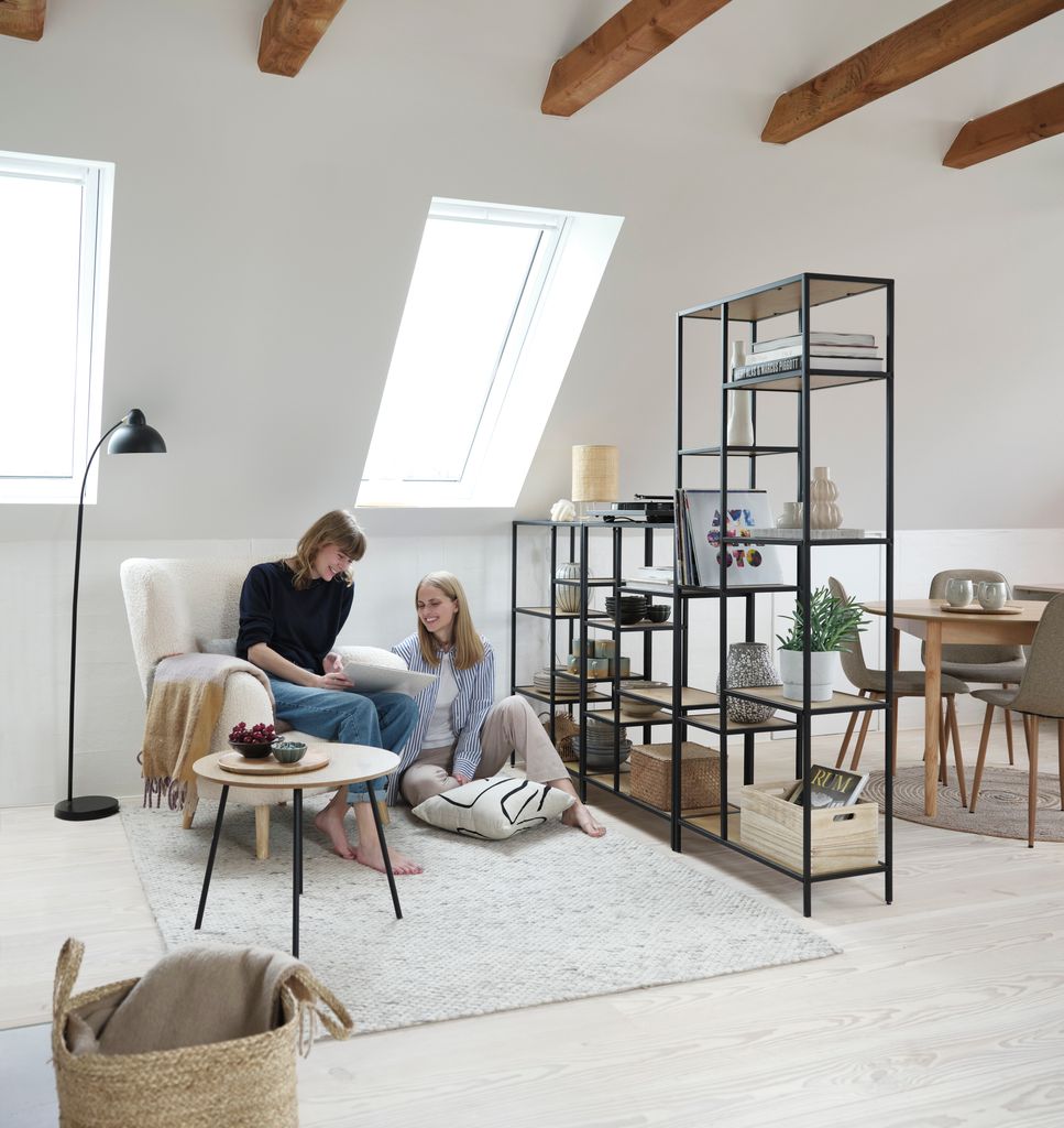 Salón comedor con una librería sin trasera que divide el espacio sin necesidad de tabiques
