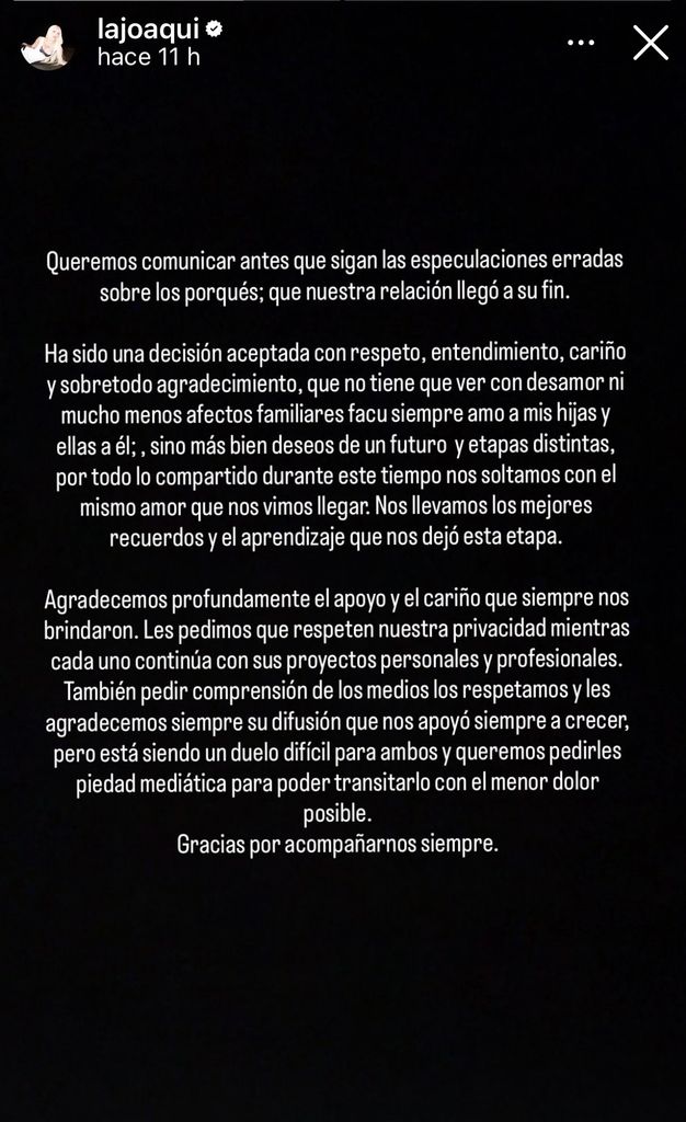 La Joaqui compartió un comunicado sobre su ruptura.