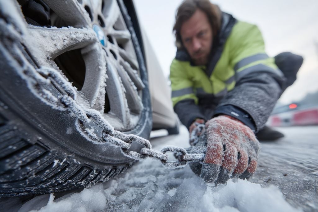 Poniendo las cadenas a un coche para evitar el deslizamiento en la nieve