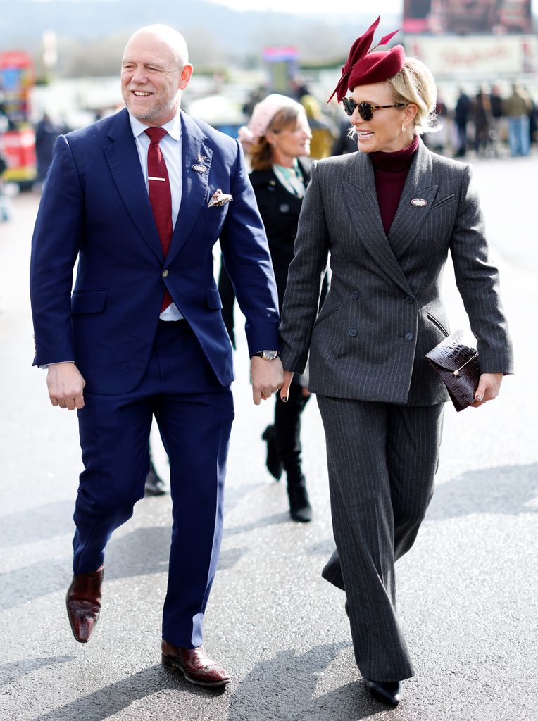 Mike Tindall and Zara Tindall attend day 2 'Style Wednesday' of the Cheltenham Festival at Cheltenham Racecourse on March 12, 2025 in London, England. 