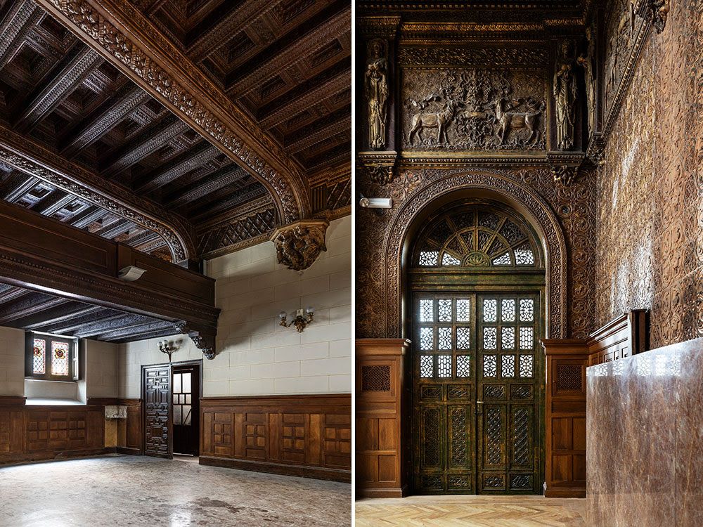 las paredes están labradas con motivos de vegetación de aire mozárabe, y figuras religiosas muy del estilo de las órdenes religiosas de los años 20. Realizada por los talleres de arte Granda, que llegó a contar con más de 200 maestros artesanos y que, aún hoy, sigue siendo uno de los más prestigiosos e importantes talleres de arte litúrgico del mundo.