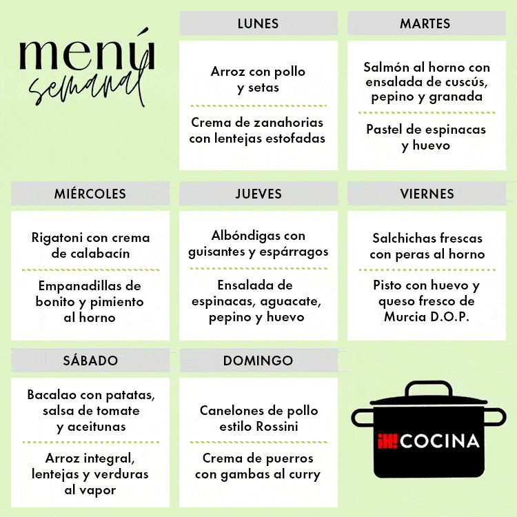 MENÚ SEMANAL DEL LUNES 5 AL DOMINGO 11 DE FEBRERO