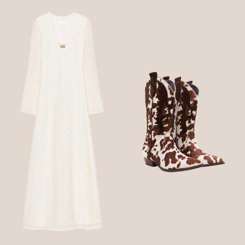 vestido de crochet y botas cowboy animal print