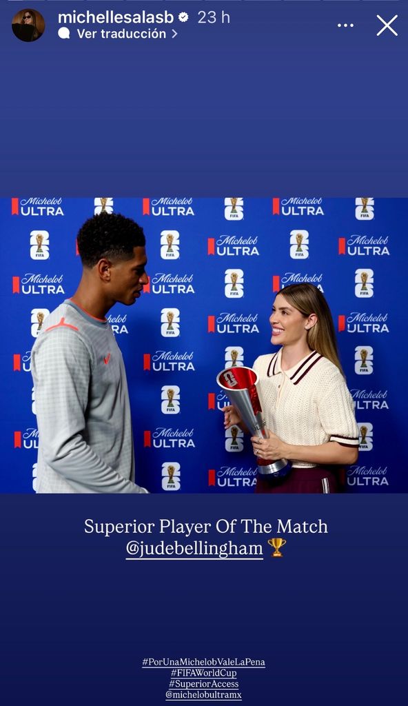 Michelle Salas y Jude Bellingham, tras el partido entre Noruega e Inglaterra.