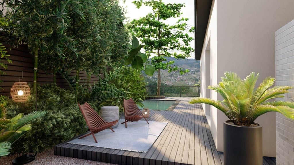 Patio con piscina y zona de estar