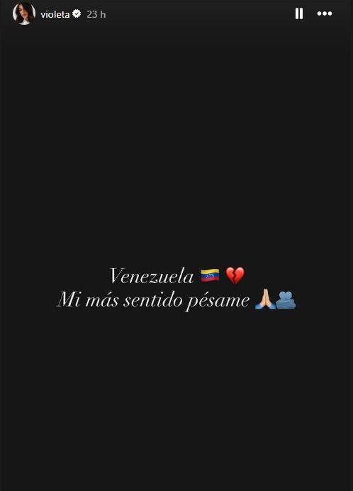 Violeta Mangriñán expresó su "más sentido pésame" al pueblo venezolano con un breve pero emotivo mensaje compartido en sus historias de Instagram. 