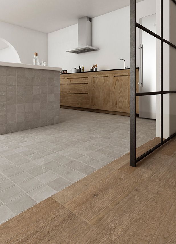 Cocina con suelo efecto piedra