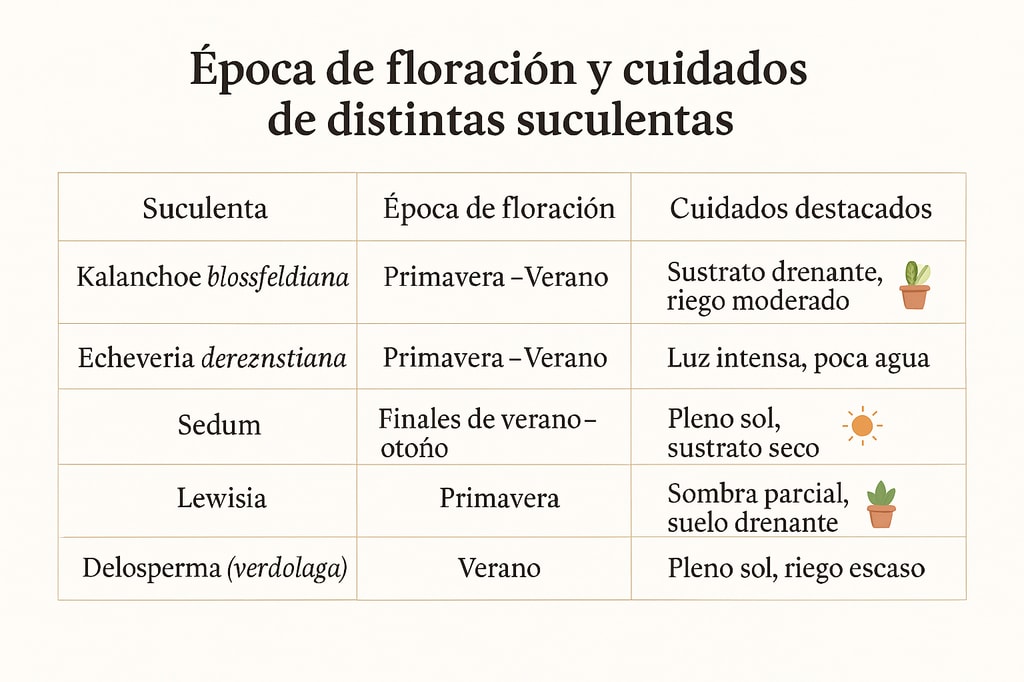 Tabla con la época de floración y cuidados de algunas suculentas