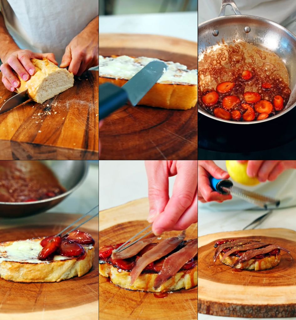 Algunos de los pasos de la elaboración de la apetecible tosta que prepara Torres.