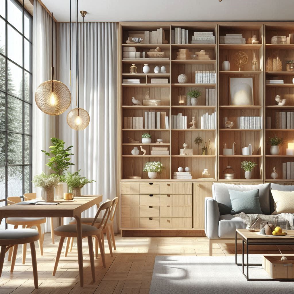 Salón con suelo y librería de madera