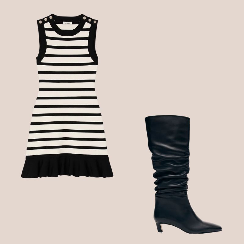 vestido de rayas y botas slouchy