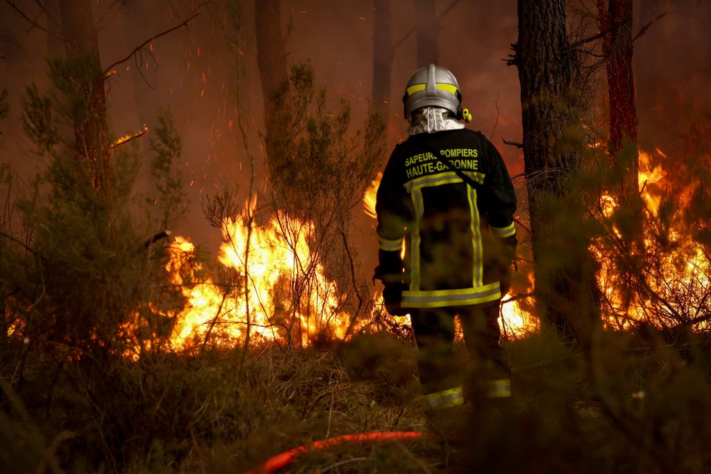 Un bombero contempla las llamas que consumen el bosque en Saint-Jean-d'Illac, a unas millas de Bordeaux, el 26 de julio de 2026.