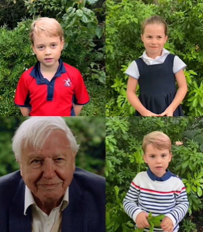 George, Charlotte y Louis de Cambridge y David Attenborough