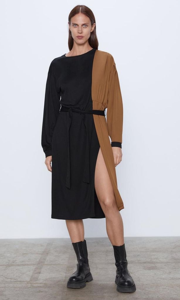block color dress with belt de zara