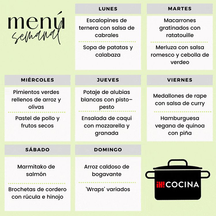 Menú semanal del lunes 29 de octubre al domingo 5 de noviembre