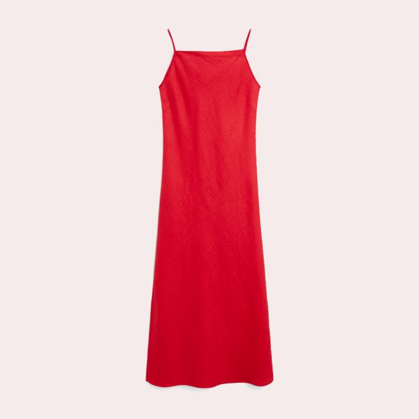 Massimo Dutti Vestido midi escote recto lino