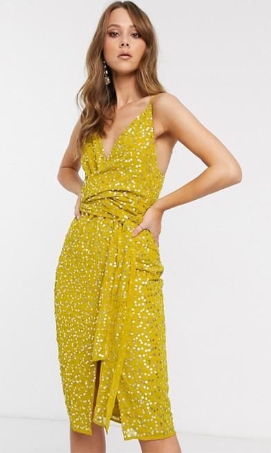 cami midi dress with wrap waist in scatter sequin de asos