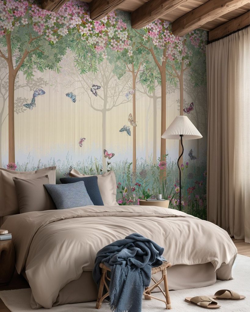 Pared decorada con mural de mariposas