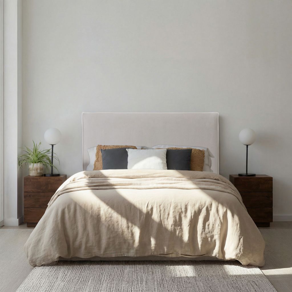 Cabecero tapizado alto y mesitas de noche en madera, en un dormitorio esencial y moderno