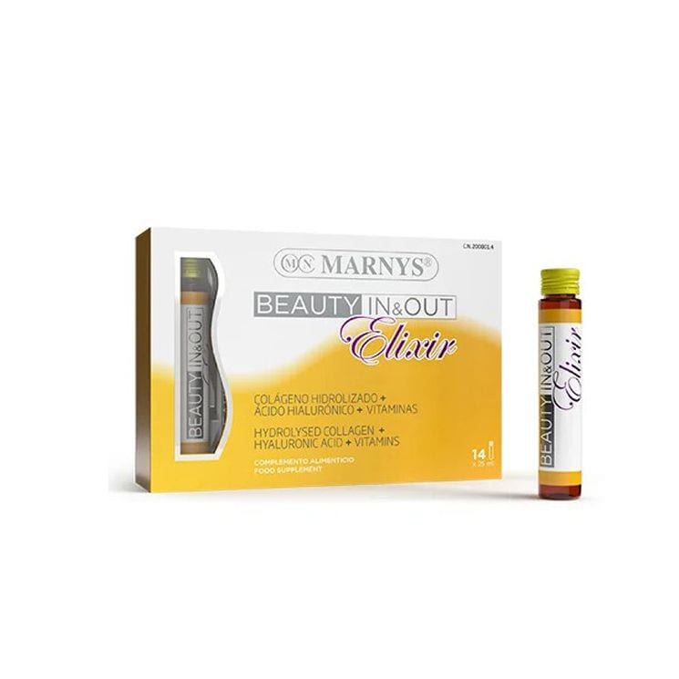 Beauty In & Out Elixir, de Marnys (45,60 euros). Un cóctel de alta concentración de colágeno hidrolizado, ácido hialurónico, semillas de uva, vitaminas y minerales para combatir el envejecimiento prematuro, potenciar la firmeza de la piel y el brillo en pelo y uñas. 
